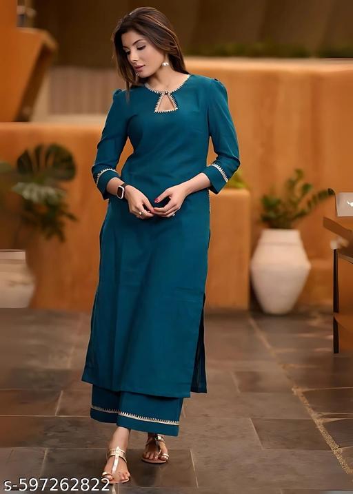 Teal Cotton Kurta with Lace Detailing & Pant Set – Women Ethnic Wear | Comfortable Daily & Festive Outfit - WYNAMIX store