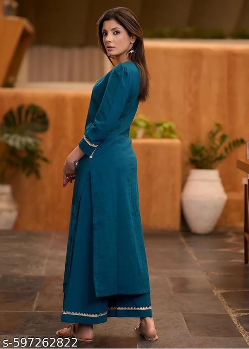 Teal Cotton Kurta with Lace Detailing & Pant Set – Women Ethnic Wear | Comfortable Daily & Festive Outfit - WYNAMIX store