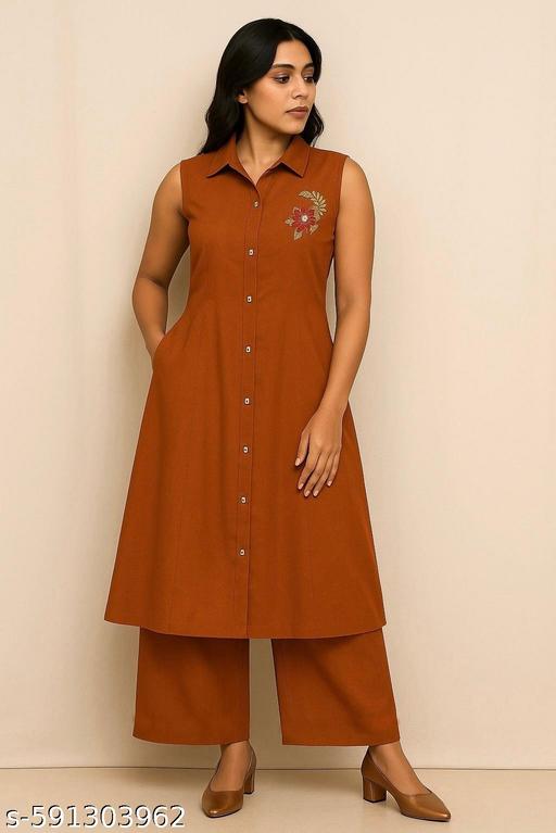 Zelegant Rust Orange Colour Kurti Palazzo Set for Women & Girls | Stylish Sleeveless Kurti Set with Embroidery - WYNAMIX store