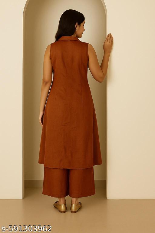 Zelegant Rust Orange Colour Kurti Palazzo Set for Women & Girls | Stylish Sleeveless Kurti Set with Embroidery - WYNAMIX store