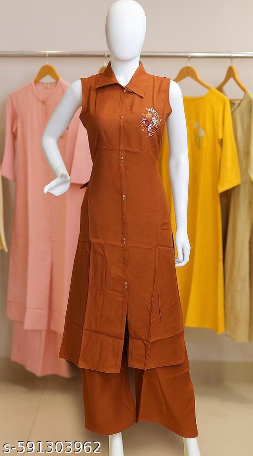 Zelegant Rust Orange Colour Kurti Palazzo Set for Women & Girls | Stylish Sleeveless Kurti Set with Embroidery - WYNAMIX store
