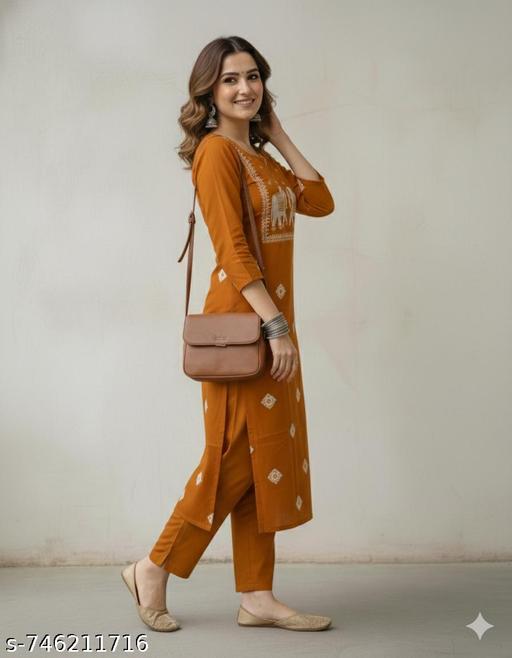 Stylish Women Kurti Pant Set Cotton Blend Printed Ethnic Wear Trendy Look - WYNAMIX store