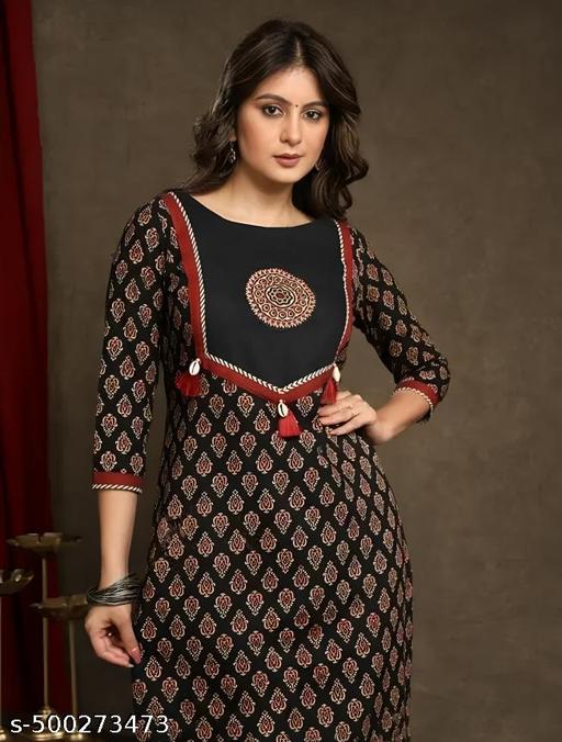 Women Cotton Printed Round Neck Straight Kurti | Black Straight Kurta For Women | Kurti For Women | Single Kurti For Women | Kurta For Jeans | Women Kurta | Kurta Under 299 | Kurti |Daily Wear Kurta | Ajrakh Print Kurti - WYNAMIX store