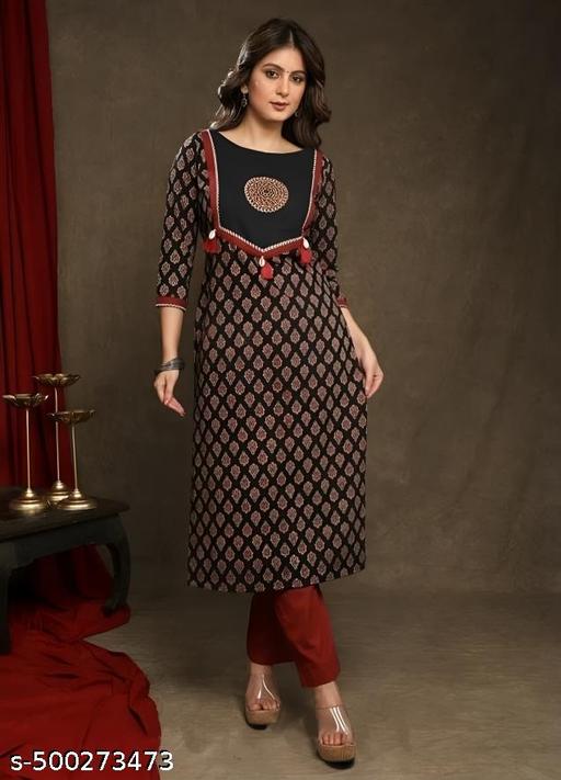 Women Cotton Printed Round Neck Straight Kurti | Black Straight Kurta For Women | Kurti For Women | Single Kurti For Women | Kurta For Jeans | Women Kurta | Kurta Under 299 | Kurti |Daily Wear Kurta | Ajrakh Print Kurti - WYNAMIX store