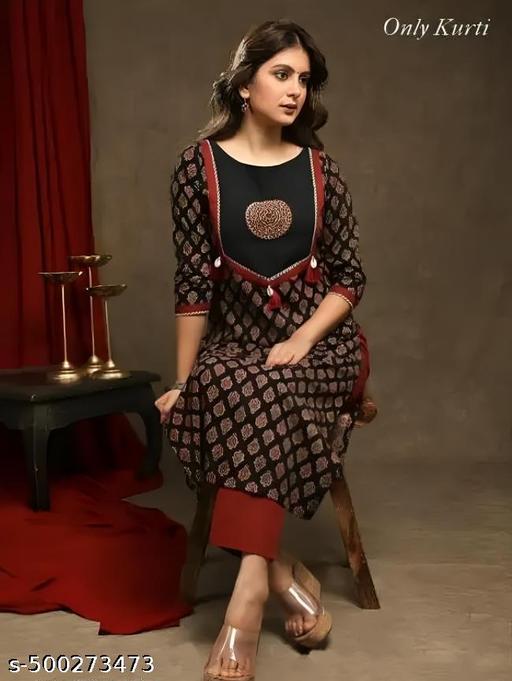 Women Cotton Printed Round Neck Straight Kurti | Black Straight Kurta For Women | Kurti For Women | Single Kurti For Women | Kurta For Jeans | Women Kurta | Kurta Under 299 | Kurti |Daily Wear Kurta | Ajrakh Print Kurti - WYNAMIX store