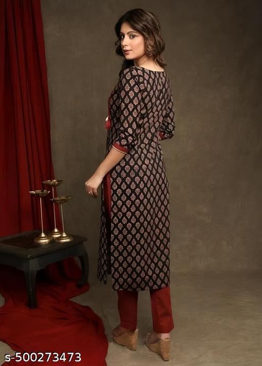 Women Cotton Printed Round Neck Straight Kurti | Black Straight Kurta For Women | Kurti For Women | Single Kurti For Women | Kurta For Jeans | Women Kurta | Kurta Under 299 | Kurti |Daily Wear Kurta | Ajrakh Print Kurti - WYNAMIX store