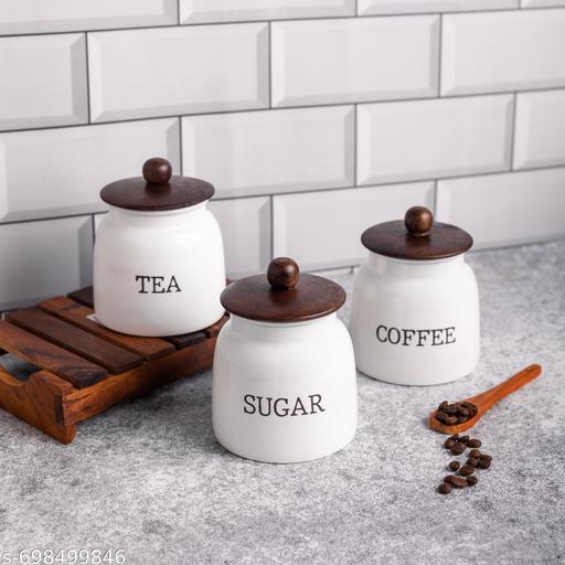 Modern Kitchen Set | Air Tight Containers for Kitchen Storage | Sugar Tea Coffee Container Set of 3 | Wooden Lid & Metal Canisters | Food-Safe Jar Set (White) - WYNAMIX store