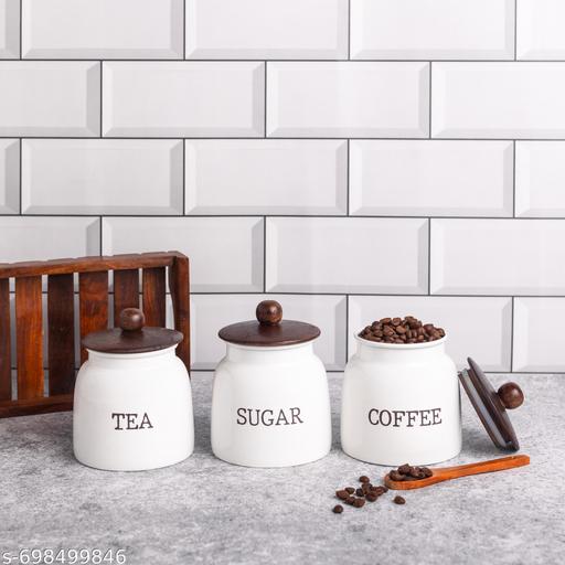 Modern Kitchen Set | Air Tight Containers for Kitchen Storage | Sugar Tea Coffee Container Set of 3 | Wooden Lid & Metal Canisters | Food-Safe Jar Set (White) - WYNAMIX store