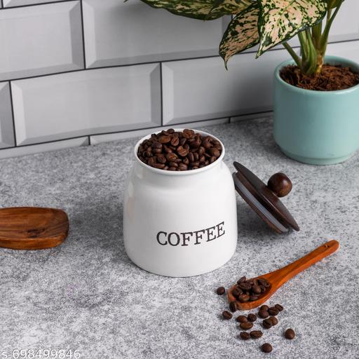 Modern Kitchen Set | Air Tight Containers for Kitchen Storage | Sugar Tea Coffee Container Set of 3 | Wooden Lid & Metal Canisters | Food-Safe Jar Set (White) - WYNAMIX store