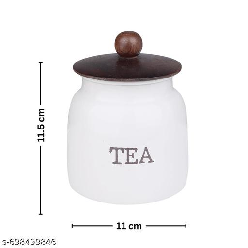 Modern Kitchen Set | Air Tight Containers for Kitchen Storage | Sugar Tea Coffee Container Set of 3 | Wooden Lid & Metal Canisters | Food-Safe Jar Set (White) - WYNAMIX store