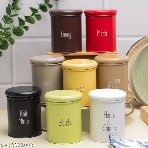 RIZIK STORE® 8-Piece Spice Jar Set|300ml Airtight MetalContainers with BPA-Free Lid| Masala Box & Kitchen Organizer | Durable Mild Steel Storage Box for Spices (Metal Pack of 8) - WYNAMIX store