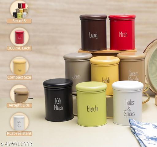 RIZIK STORE® 8-Piece Spice Jar Set|300ml Airtight MetalContainers with BPA-Free Lid| Masala Box & Kitchen Organizer | Durable Mild Steel Storage Box for Spices (Metal Pack of 8) - WYNAMIX store