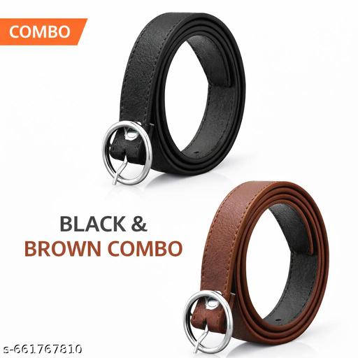 Stylish Women Black & Brown Leather Belt Combo | Adjustable Waist Belt for Jeans, Dresses & Ethnic Wear - WYNAMIX store