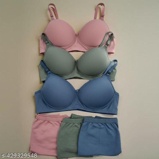 Women's Cotton Lightly Padded Half Cup Wirefree Regular Wear Bra and Panty Honeymoon Bikni Lingerie Set Combo Pack Of 3 - WYNAMIX store