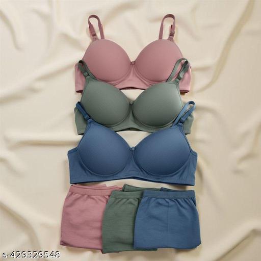 Women's Cotton Lightly Padded Half Cup Wirefree Regular Wear Bra and Panty Honeymoon Bikni Lingerie Set Combo Pack Of 3 - WYNAMIX store