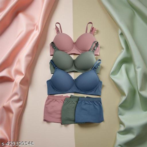 Women's Cotton Lightly Padded Half Cup Wirefree Regular Wear Bra and Panty Honeymoon Bikni Lingerie Set Combo Pack Of 3 - WYNAMIX store