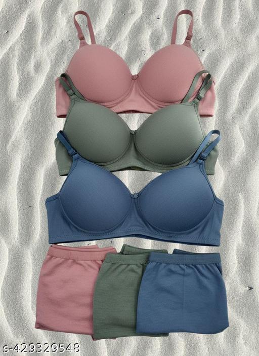 Women's Cotton Lightly Padded Half Cup Wirefree Regular Wear Bra and Panty Honeymoon Bikni Lingerie Set Combo Pack Of 3 - WYNAMIX store