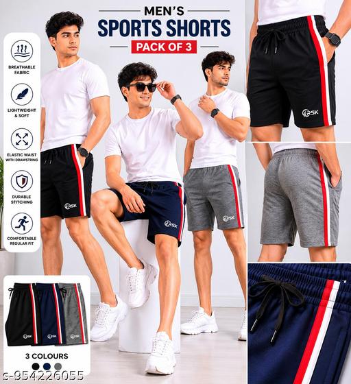 Men Casual Sports Shorts Combo Pack of 3 | Comfortable Elastic Waist Gym Running Daily Wear Shorts for Men-11 - WYNAMIX store