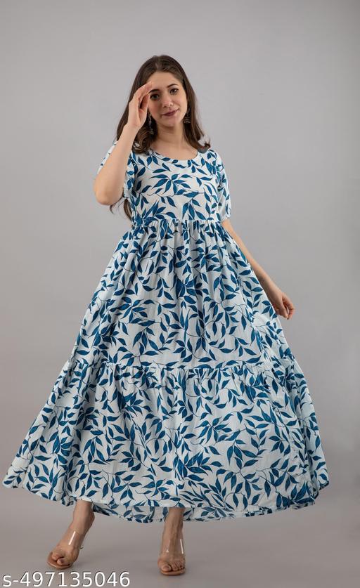 Women Blue Printed Tier Maxi Dress || Blue Leaf Printed Long Maxi Dress for Women || Women Printed Casual Summer Maxi Dress || Blue Western Fit & Flare Printed Dress || Women Vacation & Brunch Wear Long Dress - WYNAMIX store