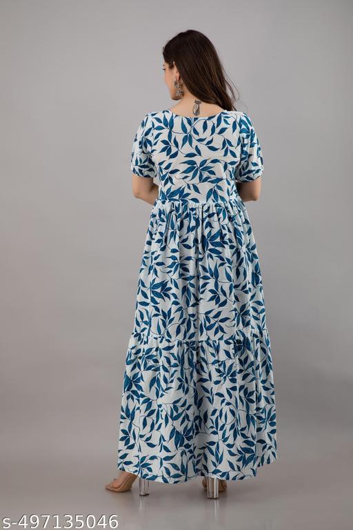 Women Blue Printed Tier Maxi Dress || Blue Leaf Printed Long Maxi Dress for Women || Women Printed Casual Summer Maxi Dress || Blue Western Fit & Flare Printed Dress || Women Vacation & Brunch Wear Long Dress - WYNAMIX store