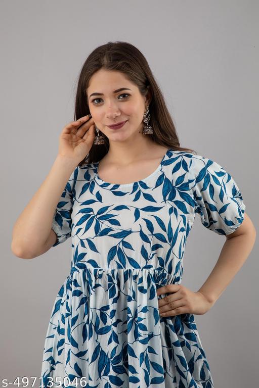 Women Blue Printed Tier Maxi Dress || Blue Leaf Printed Long Maxi Dress for Women || Women Printed Casual Summer Maxi Dress || Blue Western Fit & Flare Printed Dress || Women Vacation & Brunch Wear Long Dress - WYNAMIX store