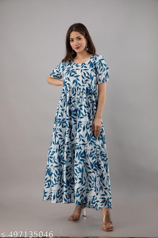 Women Blue Printed Tier Maxi Dress || Blue Leaf Printed Long Maxi Dress for Women || Women Printed Casual Summer Maxi Dress || Blue Western Fit & Flare Printed Dress || Women Vacation & Brunch Wear Long Dress - WYNAMIX store