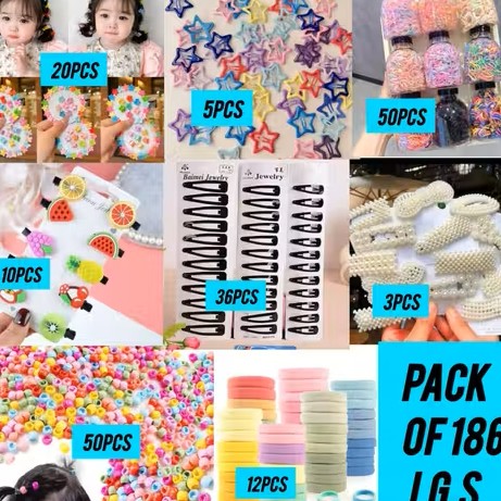 Set of 186 pcs hair accessories 20pcs Hair Claw, 5pcs tic tac hair clip, 50pcs elastic rubber band, 10pcs cartoon hair clip, 36pcs tic tac clip, 3pcs designer hair clip, 50pcs hair claw, 12pcs rubber band   - WYNAMIX store