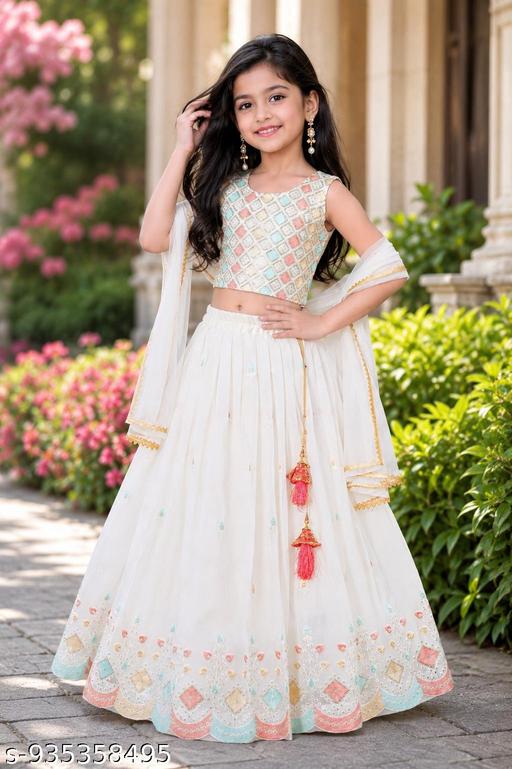 Kids Girls White Designer Lehenga Choli with Dupatta - WYNAMIX store