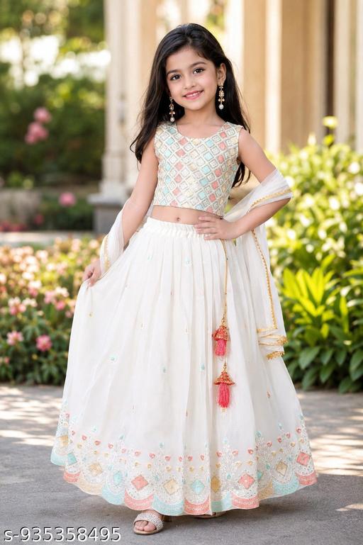 Kids Girls White Designer Lehenga Choli with Dupatta - WYNAMIX store