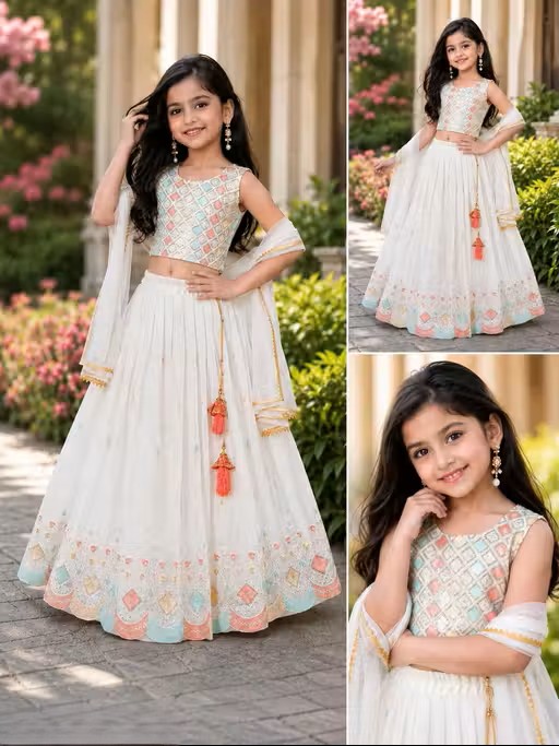 Kids Girls White Designer Lehenga Choli with Dupatta - WYNAMIX store