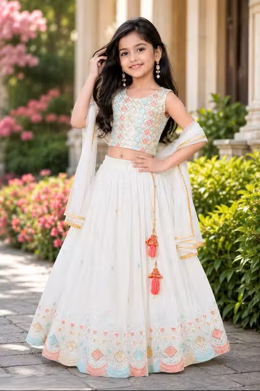 Kids Girls White Designer Lehenga Choli with Dupatta - WYNAMIX store