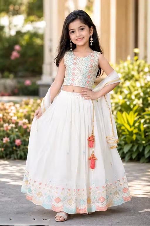 Kids Girls White Designer Lehenga Choli with Dupatta - WYNAMIX store