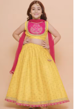 Yellow & Pink Lehenga Choli Set for Girls | Stylish Ethnic Outfit with Dupatta | Festive & Special Occasion Outfit for Girls | - WYNAMIX store