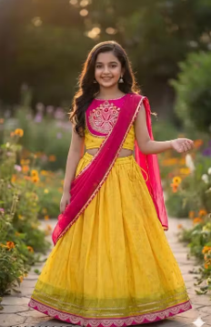 Yellow & Pink Lehenga Choli Set for Girls | Stylish Ethnic Outfit with Dupatta | Festive & Special Occasion Outfit for Girls | - WYNAMIX store
