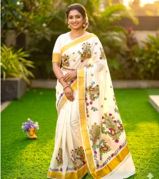 Kerala cotton Kasavu emporid saree  - WYNAMIX store