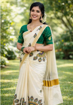 Kerala Kasavu Saree for Women with Golden Zari Border | Traditional Cotton Onam vishu Saree | Peacock Design Festive Wear - WYNAMIX store