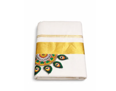 Kerala Kasavu Saree for Women with Golden Zari Border | Traditional Cotton Onam vishu Saree | Peacock Design Festive Wear - WYNAMIX store