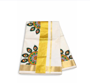 Kerala Kasavu Saree for Women with Golden Zari Border | Traditional Cotton Onam vishu Saree | Peacock Design Festive Wear - WYNAMIX store
