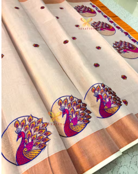 Texation Kerala Copper Tissue Embroidery Saree With Running Blouse (Copper  Round Peacock Pink) - WYNAMIX store