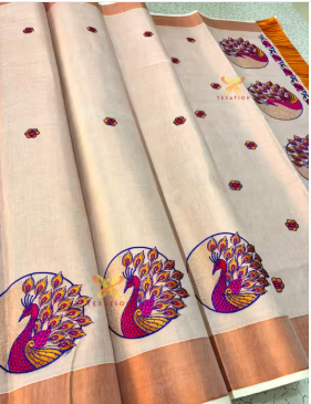 Texation Kerala Copper Tissue Embroidery Saree With Running Blouse (Copper  Round Peacock Pink) - WYNAMIX store