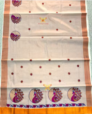Texation Kerala Copper Tissue Embroidery Saree With Running Blouse (Copper  Round Peacock Pink) - WYNAMIX store