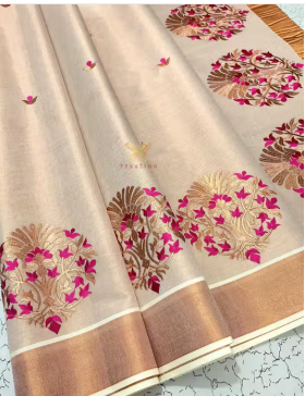 Texation Kerala Copper Tissue Embroidery saree with Running Blouse - WYNAMIX store