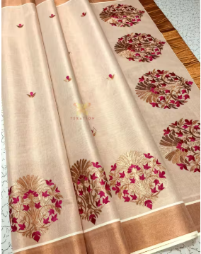 Texation Kerala Copper Tissue Embroidery saree with Running Blouse - WYNAMIX store