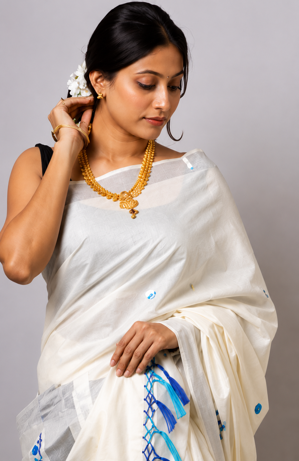 Texation Kerala Cotton Embroidery Saree With Running Blouse (Silver Peacock - Aqaua Blue) - WYNAMIX store