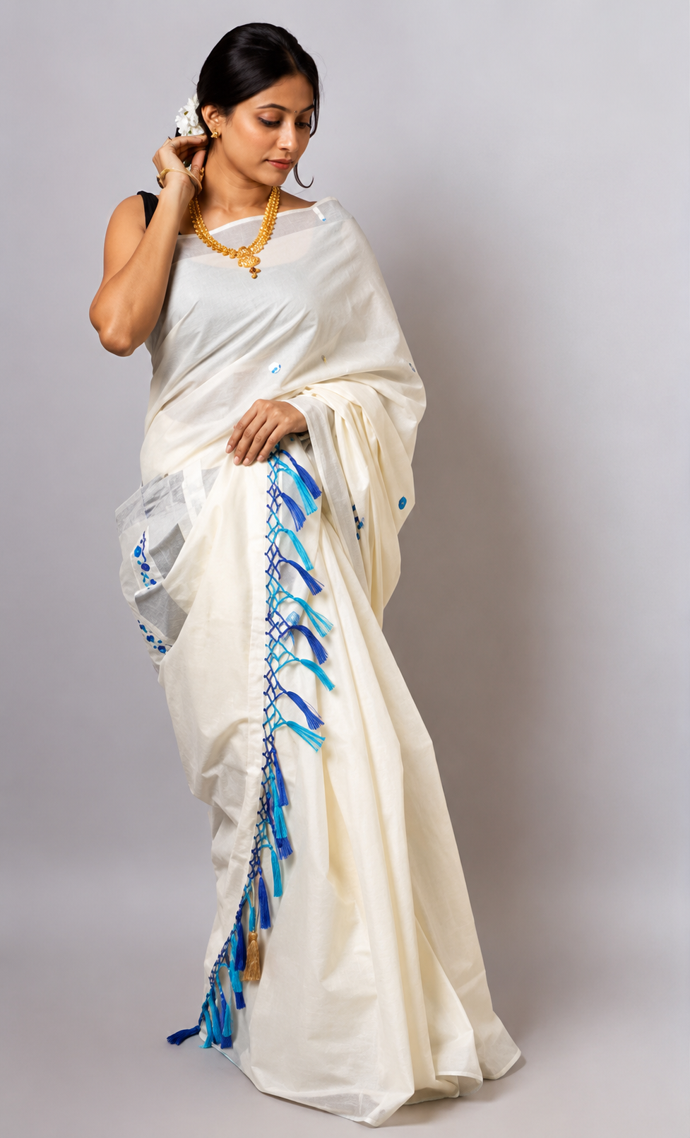 Texation Kerala Cotton Embroidery Saree With Running Blouse (Silver Peacock - Aqaua Blue) - WYNAMIX store