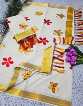 Texation Kerala Cotton Embroidery Saree With Running Blouse and Tassel ( Sun Flower R&G) - WYNAMIX store