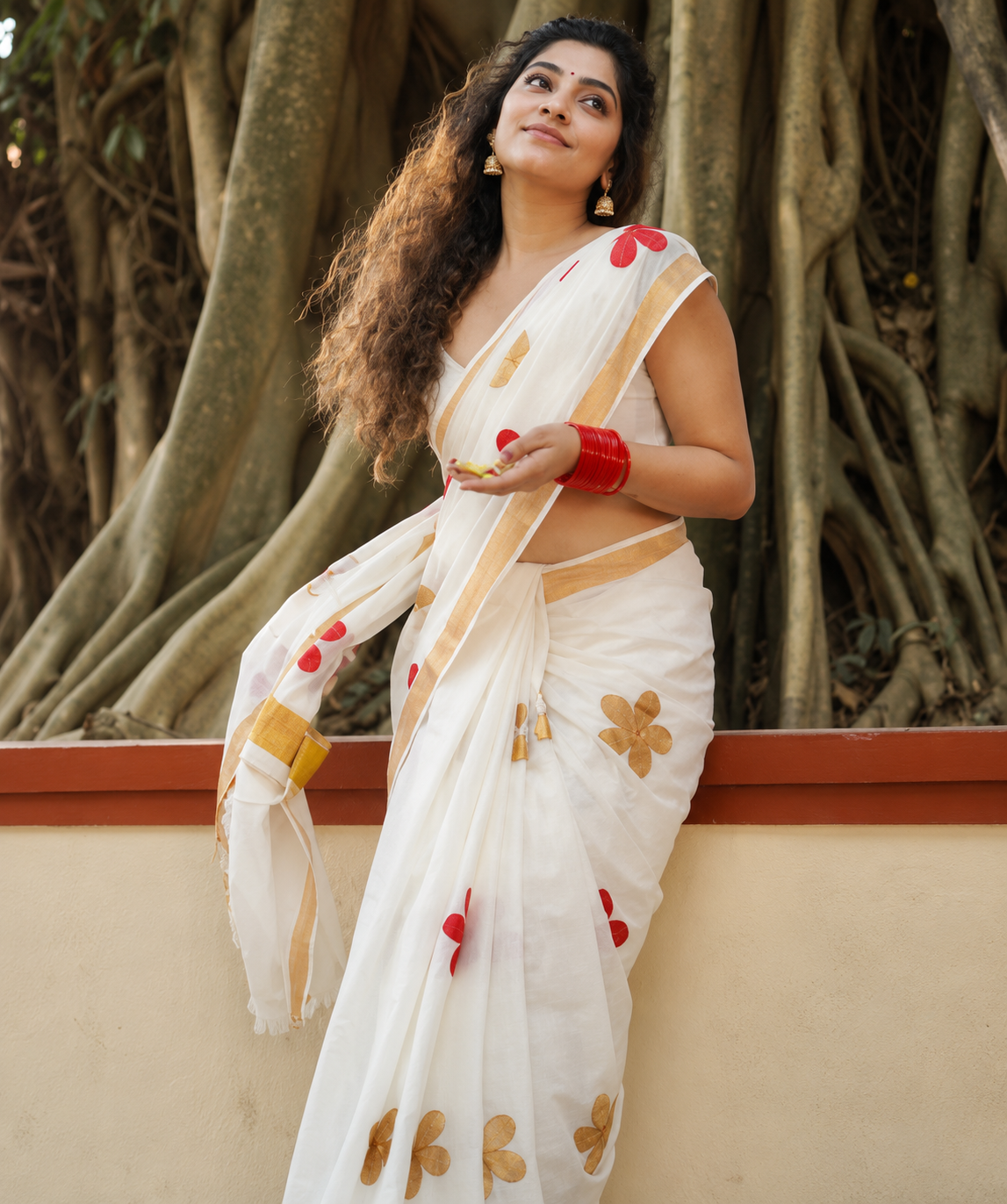 Texation Kerala Cotton Embroidery Saree With Running Blouse and Tassel ( Sun Flower R&G) - WYNAMIX store