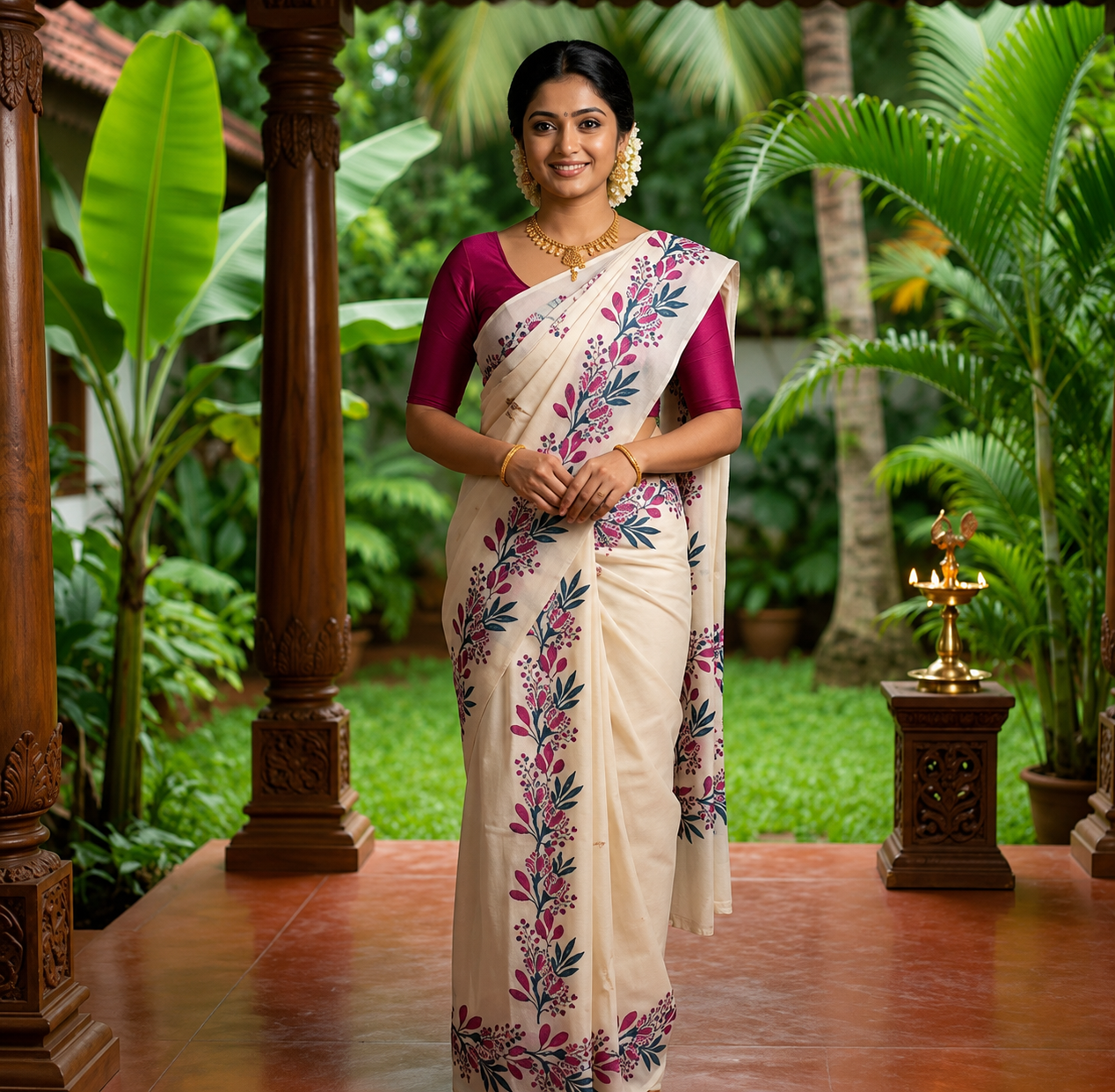 Kerala setmund | kerala traditional cotton Gada setmundu  / mundum neriyathum for women with floral printed design  - WYNAMIX store