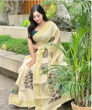 Texation Kerala Kasavu Mural Printed Tissue saree with Running Blouse (Gold  Dancing Peacock) - WYNAMIX store