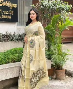Texation Kerala Kasavu Mural Printed Tissue saree with Running Blouse (Gold  Dancing Peacock) - WYNAMIX store